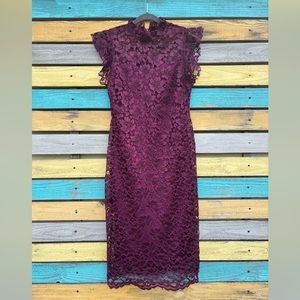 Enfocus Studio Women's Burgundy Floral Lace Overlay High Neck Midi